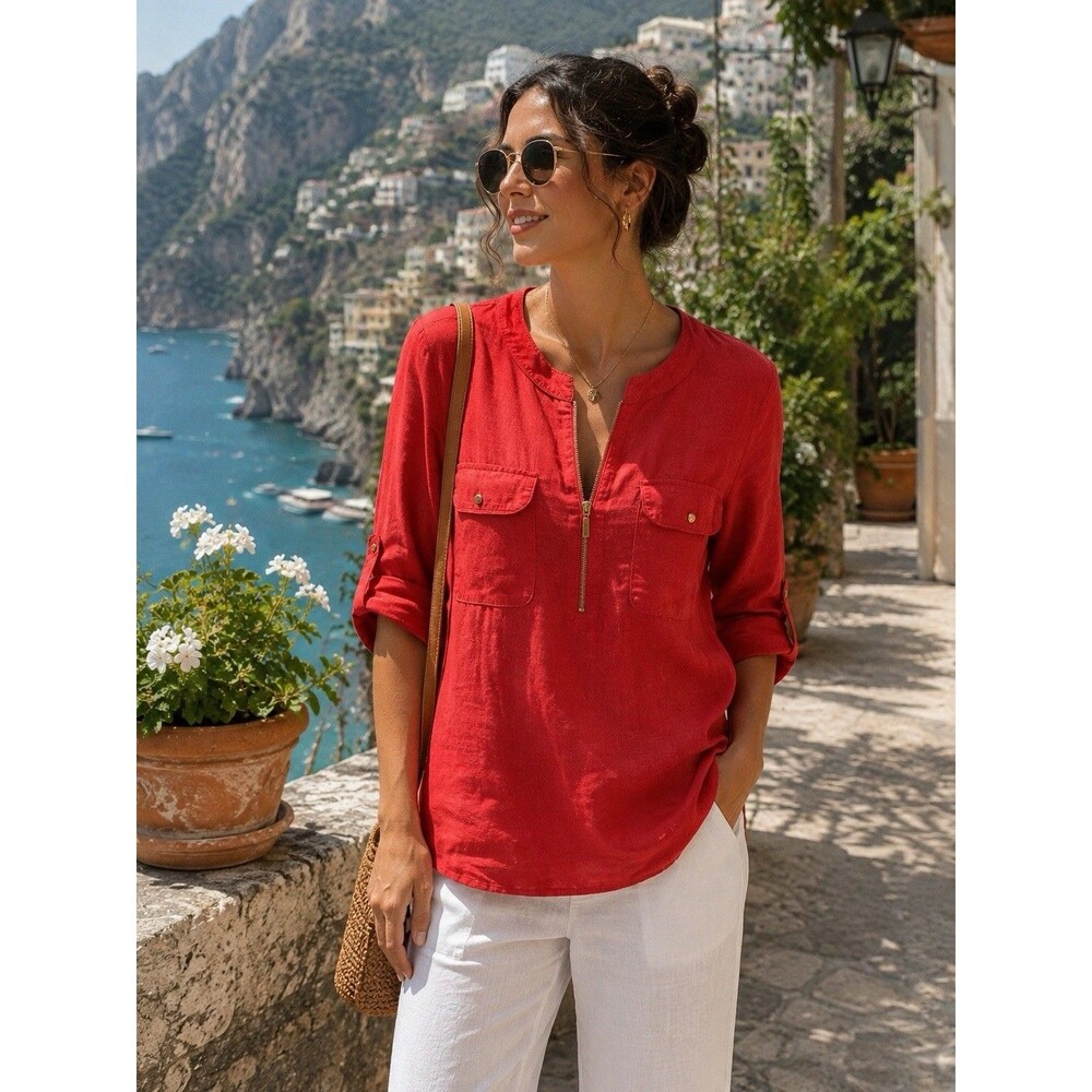 Ellen Tracy Red 100% Linen Half Zip Tunic Top Size Medium Shirt Travel Boxy